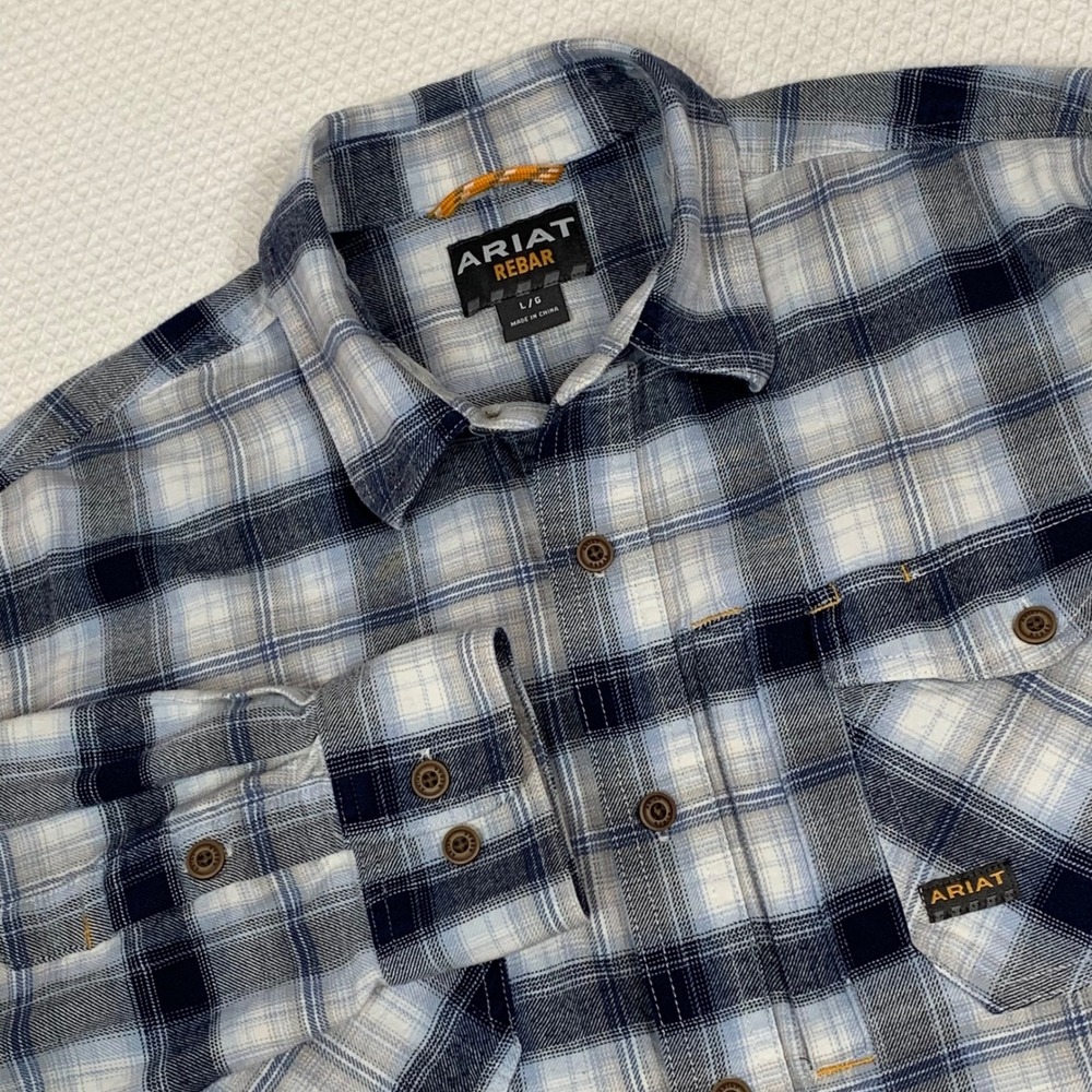 Ariat Rebar Mens L Blue White Plaid Long Sleeve DuraStretch Work Shirt Flannel